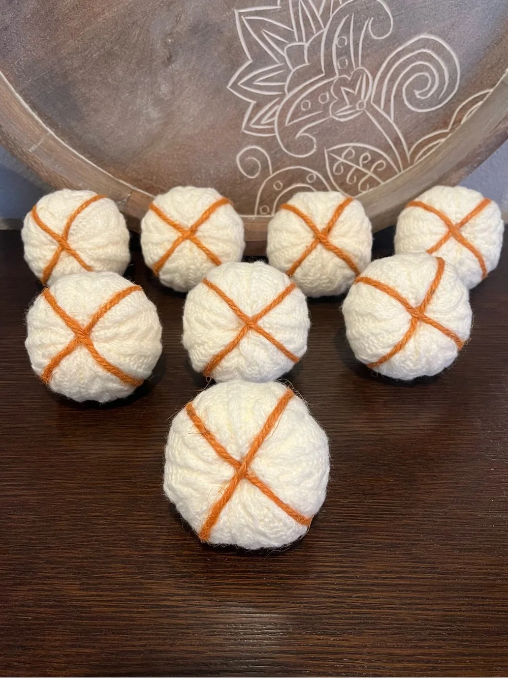 Spritz Knit Harvest Mini Pumpkins - Cream with Jute Stripe, Gray Stem, Set of 8